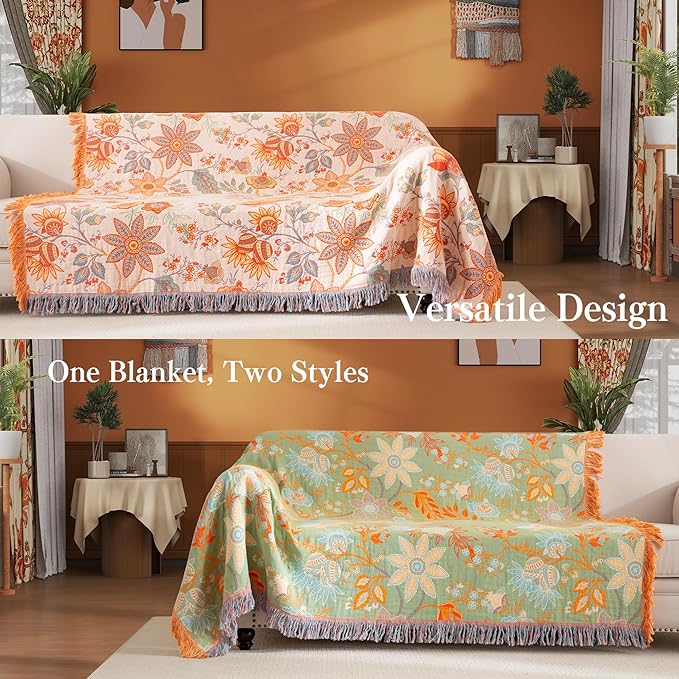 Boho Throw Blanket Twin Size, Soft Cozy Cotton Muslin Quilt Blanket for Bed Decor, Floral Patterned Couch Sofa Chair Cover, Vintage Farmhouse Cottage Tapestry Woven Blanket, Coral&Green
