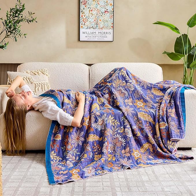 Boho Blanket, 100% Cotton Farmhouse Decorative Throw Blanket, 60"x80" Reversible Bohemian Throw Blanket, Purple All Season Muslin Breathable Woven Blankets Quilt