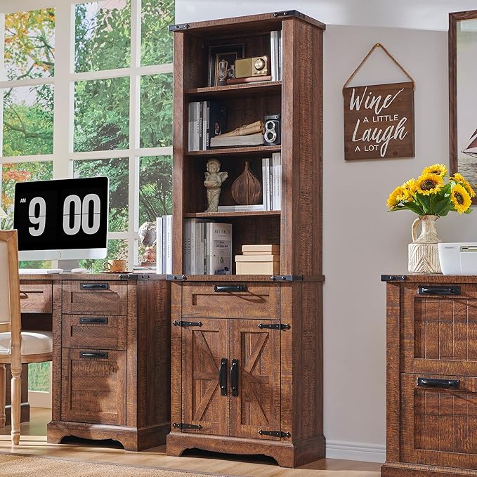 RedLemon Bookshelf with Storage Cabinet, 72" Tall Farmhouse Bookcase with Adjustable Shelves and Barn Door, 4 Tier Office Wood Bookshelf with Drawer for Library Living Room (Reclaimed Barnwood Color)