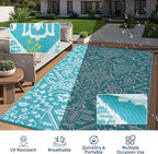 Waterproof Outdoor Rug 9x18 Reversible Plastic Straw Patio Rug, Stain-Resistant Vintage Medallion Carpet, Large Indoor Outdoor RV Mat for Deck, Camping, Balcony, Light Blue/White