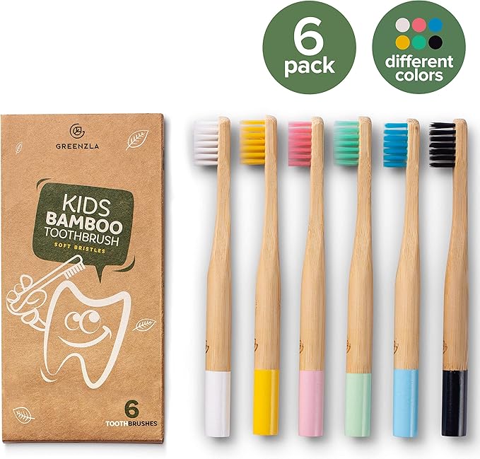 GREENZLA Kids Bamboo Toothbrushes, Natural Toothbrush Set, Soft Bristles, Durable Charcoal Wooden Brushes, Compostable Design for Toddlers and Children, 6 Pack