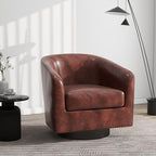 Swivel Barrel Accent Chair, Modern Round Faux Leather Arm Chair for Living Room, Bedroom, Comfy Club Reading Chairs for Adults(Faux Leather, Red Brown, Set of 1)