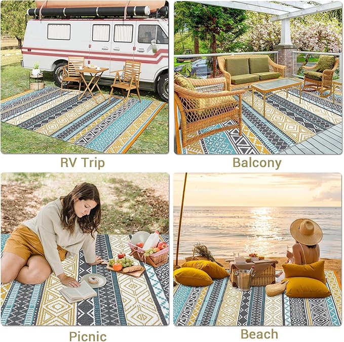 GAOMON Outdoor Rug Waterproof 8'x10', Reversible Outdoor Plastic Straw Rug, Boho Patio Rug, Indoor Outdoor Carpet, RV Mat Outside for Patio, Camp, Picnic, Balcony, Deck, Teal/Yellow(Bohemia)