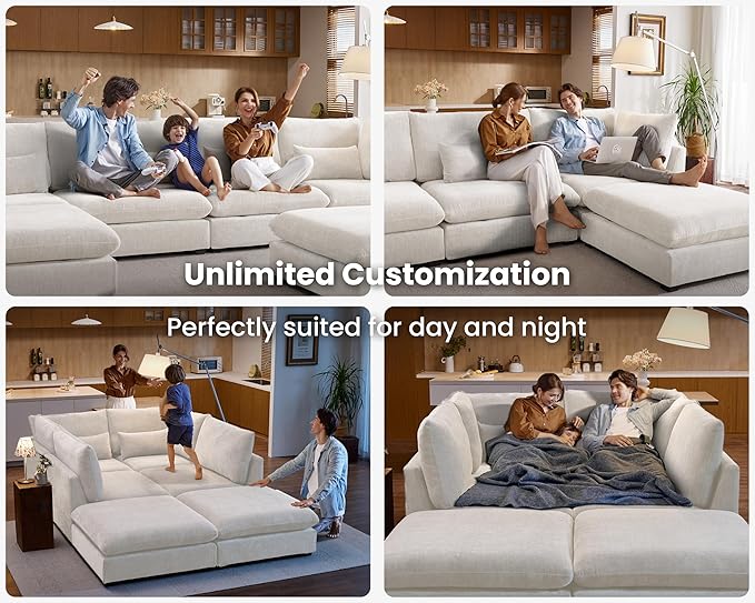 Oversized Modular Sofa, Extra Deep Cloud Chenille Sectional Couch with Ottoman Chaise, Fluffy Chenille 2 Seater Sofa Bed for Living Room, Villa (Loveseat Sofa, Chenille White)