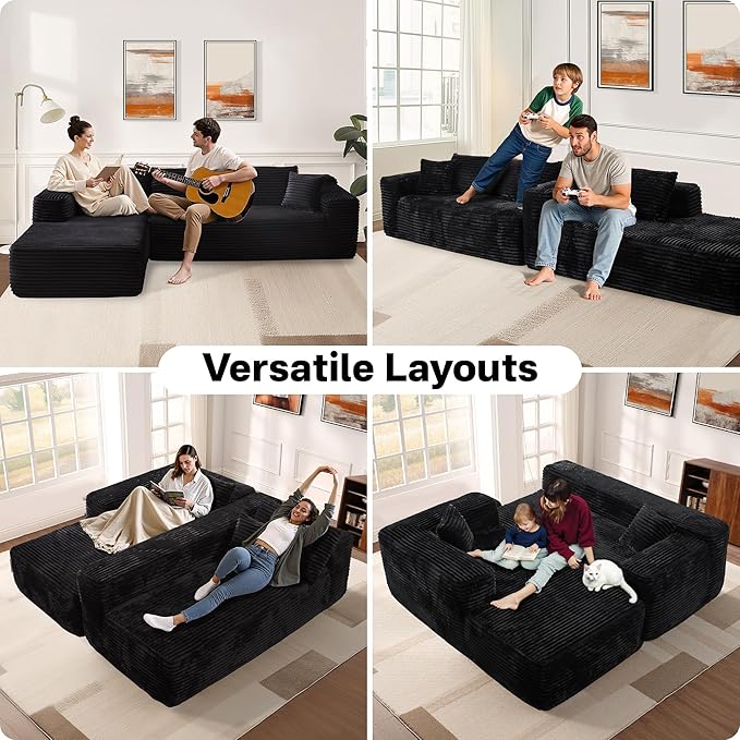 104" Cloudy Sectional L Shaped Couch for Living Room, No Assembly Required, Modular Comfy Sofa with Deep Seat, Fluffy Couch with Sleeper Chaise for Apartment Lounge (Black)