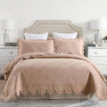 MarCielo 3-Piece 100% Cotton Oversized Bedspread Lightweight Quilt Coverlet Embroidery Farmhouse Bedding Set (TK Pale Taupe Camel, Oversized Queen (100"x106"))
