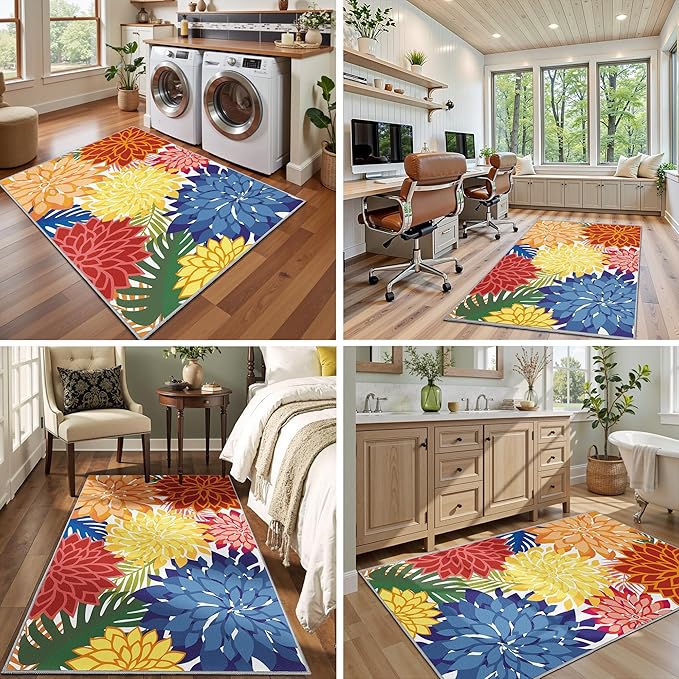 Area Rug 3x5 Washable Entry Rug Multicolored Tropical Botanical Modern Floral Indoor Kitchen Door Mat Entrance Carpet Non Slip for Bedroom Living Room, Porch