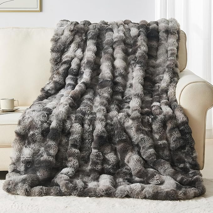 Lotus Karen Faux Fur Blanket Tie-Dye Dark Gray Twin Size - Big Bubble Rabbit Fluff Throw for Couch Small Fluffy Fuzzy Cozy Thick Furry Plush Shaggy Blankets 108x90 Inches