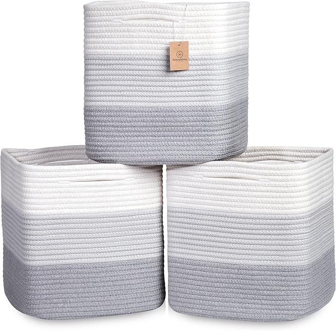 NaturalCozy 13 Inch Cube Storage Bins Cotton Rope Woven Baskets for Organizing 3-Pack | 13 x 13 Storage Cubes | Fabric Square Storage Baskets for Shelves Organizer, Kids Toy Bins, Closet Baby Nursery
