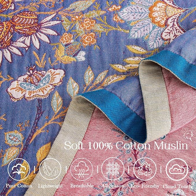 Boho Blanket, 100% Cotton Farmhouse Decorative Throw Blanket, 60"x80" Reversible Bohemian Throw Blanket, Purple All Season Muslin Breathable Woven Blankets Quilt