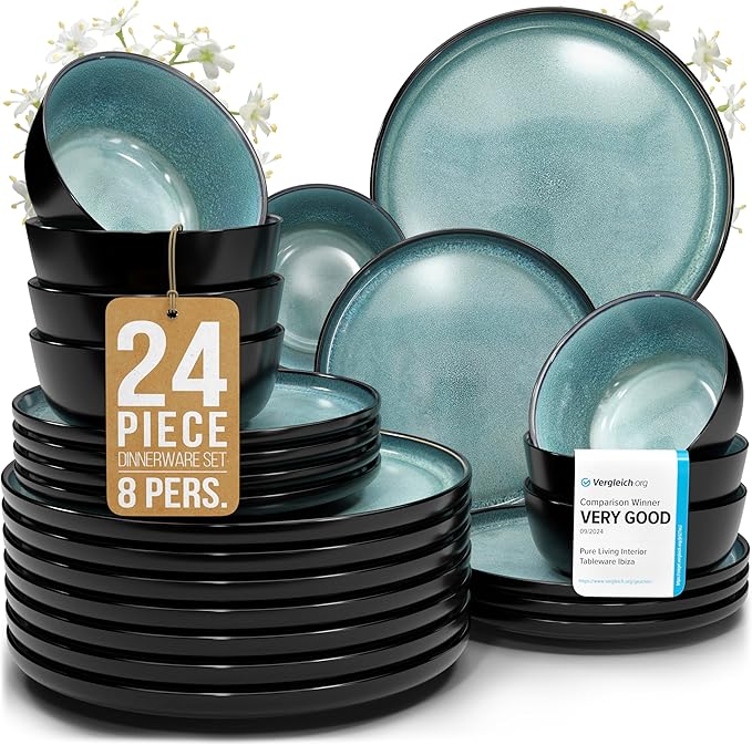 24 Piece Dinnerware Sets for 8 - Modern Style Stoneware Dinnerware Set - Scratch Resistant, Dishwasher Safe Plates and Bowls Sets Ceramic, Dish Set, Bowl and Plate Set - Black and Petrol Blue…