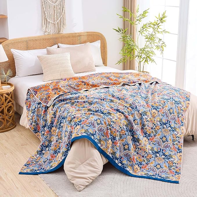 Boho Throw Blanket for Bed, 100% Cotton Soft Rustic Quilt Fall Blanket, 80"x90" Floral Printed Farmhouse Decor Bed Blankets, All Season Rustic Reversible Bohemian Throw Quilt