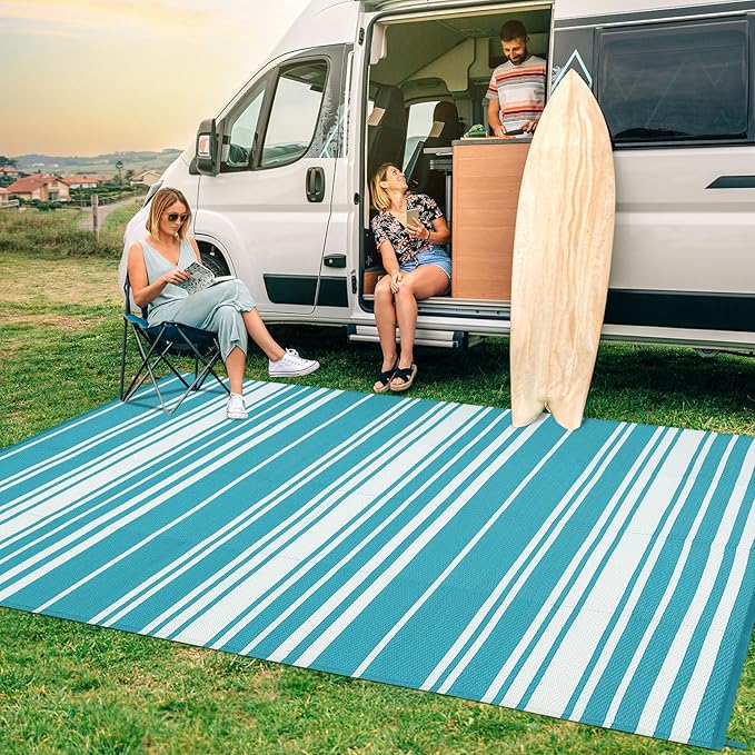 Outdoor Plastic Straw Rug 9x18 Waterproof Outside Rug, Large Modern Striped Reversible Floor Mats, Foldable & Lightweight Camping Carpet for Patio, Porch, Deck, Backyard, Balcony, Light Blue
