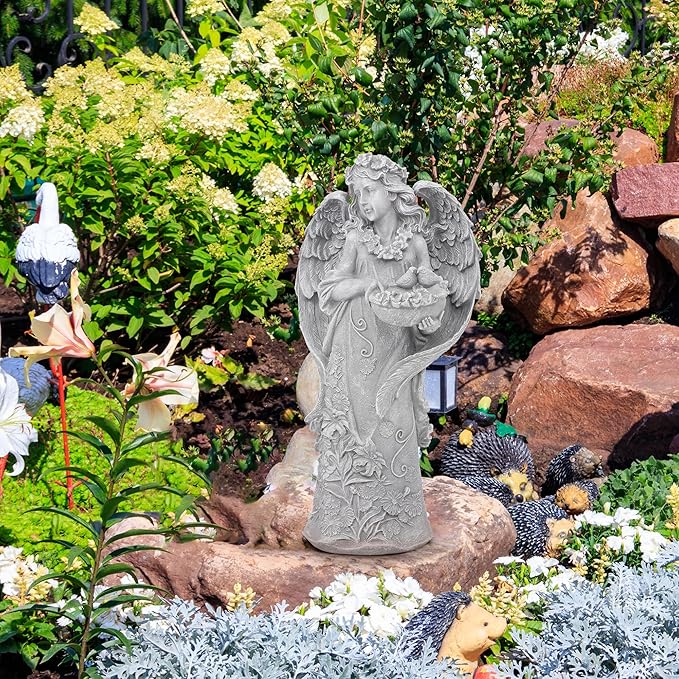 Outdoor Statues Angel Décor Garden Statue- 23.5" H Angel Statue,Resin Angel with Bird Figurine, Ideal for Yard, Patio, Deck, Home Entryway, and Hallway（Grey）