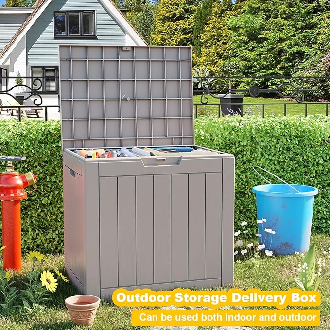 37 Gallon Deck Box Large Outdoor Storage for Patio Furniture,Outdoor Cushions,Garden Tools and Pool Supplies,Waterproof,Resin,Lockable(Grey)