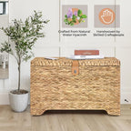 Handwoven Storage Basket with Lid, 165L Wicker Storage Bin, Natural Water Hyacinth, Leather Buckle & Metal Frame, Metal Ring Handles for Easy Transport, Storage Chest & Trunk for Bedroom, Living Room