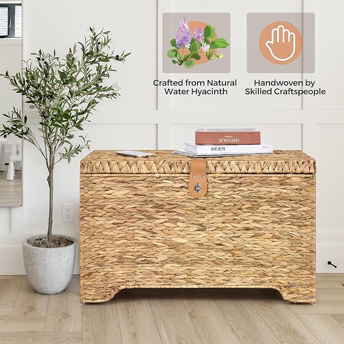 Handwoven Storage Basket with Lid, 165L Wicker Storage Bin, Natural Water Hyacinth, Leather Buckle & Metal Frame, Metal Ring Handles for Easy Transport, Storage Chest & Trunk for Bedroom, Living Room