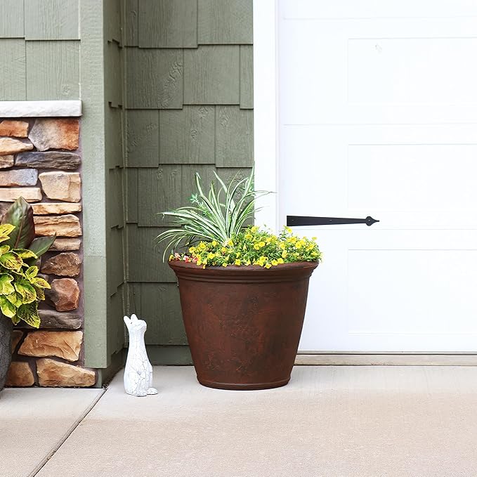 Sunnydaze 24-Inch Anjelica Large Plastic Pot for Plants - Outdoor Polyresin Round Planter with Drillable Drainage Holes - Rust