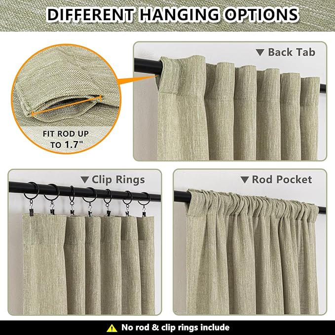 MYSKY HOME Patio Sage Curtains for Sliding Door, Living Room Curtains & Drapes Soft Farmhouse Window Treatments 90 inch Length 2 Panels Set Linen Look Semi Sheer Draperies, 50" W x 90" L, Sage Green