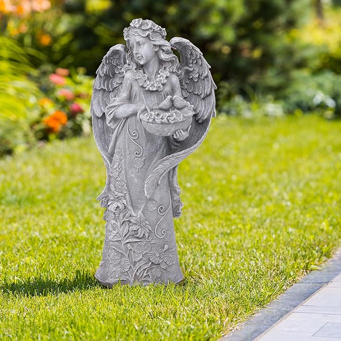 Outdoor Statues Angel Décor Garden Statue- 23.5" H Angel Statue,Resin Angel with Bird Figurine, Ideal for Yard, Patio, Deck, Home Entryway, and Hallway（Grey）