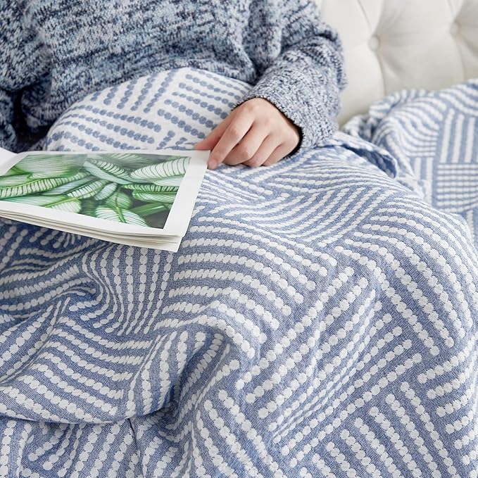 jinchan Boho 100% Cotton Blanket Muslin 50x60 Inches Lightweight 3-Layer Geometric Square Striped Pattern Reversible Quilt Throw Soft Breathable Comfy All Seasons for Couch Bed Decor, Blue