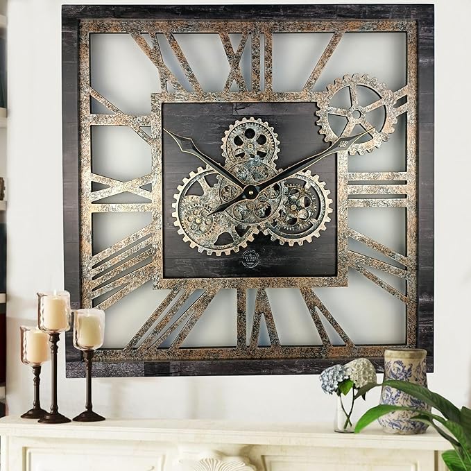 The Gears Clock 24'' Inch Square Real Moving Gear Wall Clock Vintage Industrial Oversized Rustic Farmhouse (Vintage Black)
