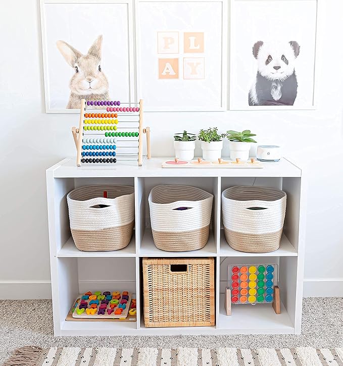OrganiHaus Set of 3 Woven Storage Baskets for Organizing, Cotton Rope Organizer Bins for Shelves, Closet & Nursery, Dog Toy Basket, Decorative Bins for Toys, Towels & Books - 15x10x9, Honey/Off-White