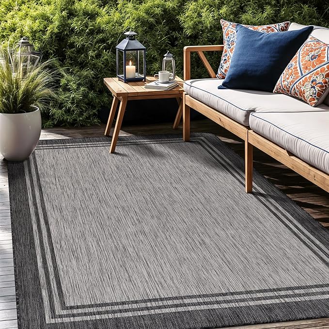 Bordered Outdoor Rug 5x7 Washable Outside Carpet for Indoor Patio Porch Waterproof Easy Cleaning Non Shedding Area Rugs Dark Gray 5 x 7