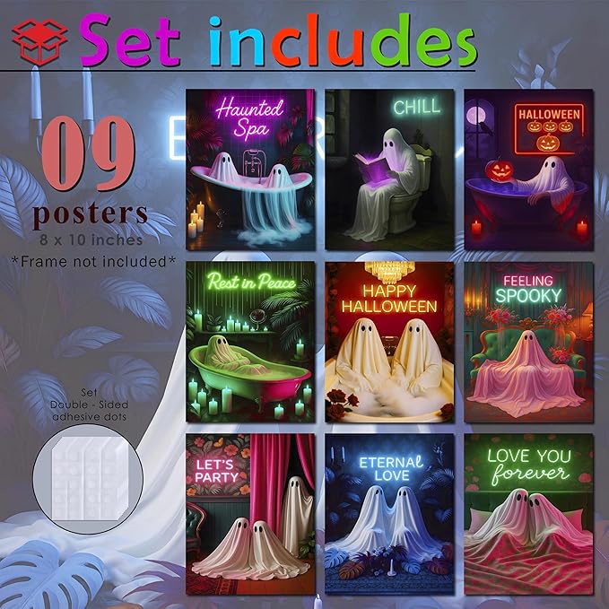LANCHI95 Halloween Ghosts Wall Art Halloween Wall Art Gothic Romantic Couple Cute Ghost Wall Decor Pictures Horror Wall Decor for Living Room Bedroom, Set 9pcs - 8x10 in (UNFRAMED)