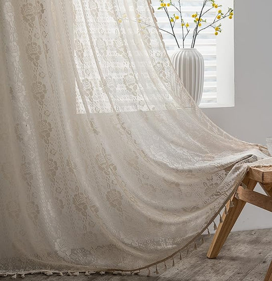 Sutuo Home Crochet Boho Curtains Rose Florals Embroidery, Sheer Lace Handmade Tassels Knitted Window Treatment Vintage Rustic Bohemian Farmhouse Drape for Bedroom Rod Pocket 1 Panel 59" W x 84" L