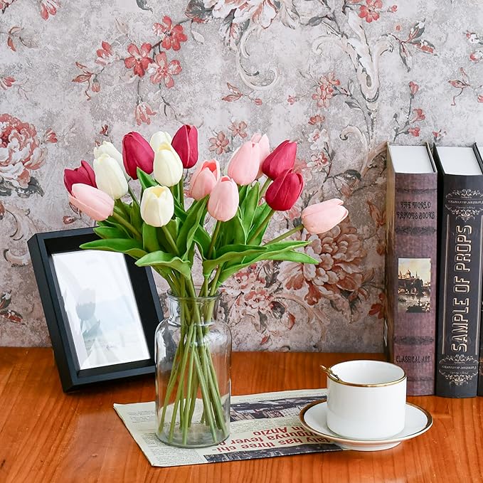Mandy's Artificial Tulips 20 Stems Shades of Pink PU Faux Flowers for Wedding Home Decor 13.5 Inch