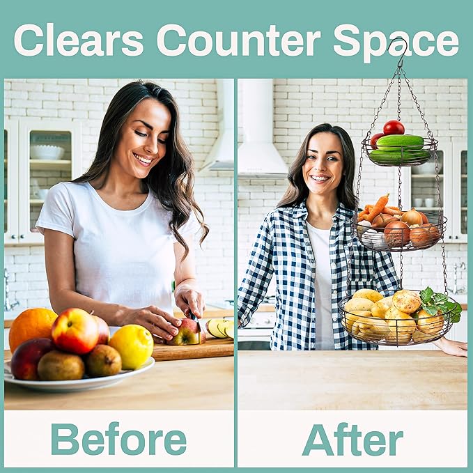 Home Intuition 3-Tier Hanging Fruit Produce Basket Heavy Duty Wire with 2 Metal Ceiling Hooks, Round, Bronze