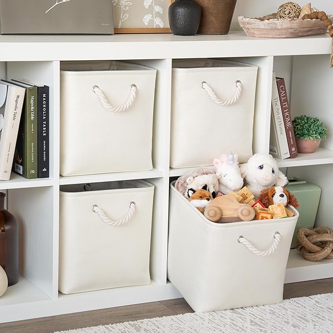OrganiHaus 12x12 Cube Storage Bins 4 Pack, Foldable Cube Storage Organizer w/ Rope Handles, Collapsible Fabric Bins for Toys, Clothes & Closet Organization, Fabric Square Baskets - Off-White