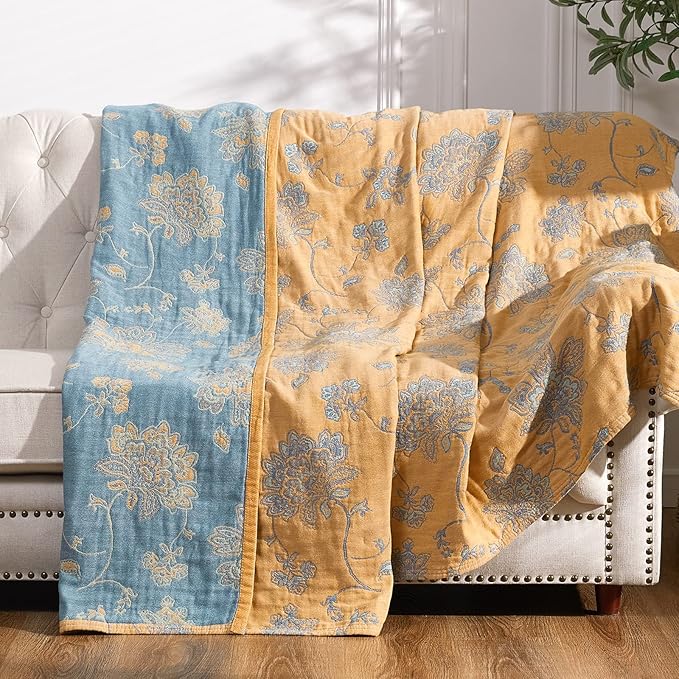 jinchan Boho 100% Cotton Muslin Queen Size 80x90 Inches Blanket Lightweight 4-Layer Quilted Soft Yellow and Blue Floral Throw Blanket Reversible Comfy Flower Rustic All Seasons Couch Bedroom Decor