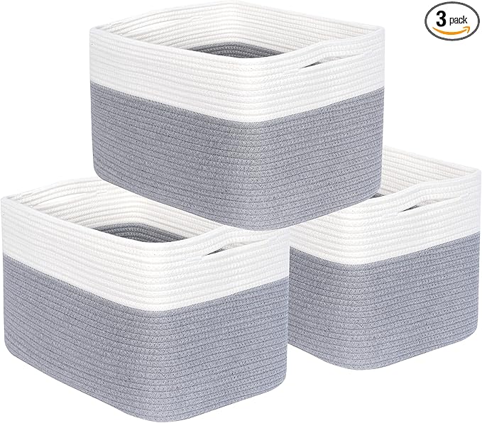 MINTWOOD Design 3-Pack Storage Baskets for Shelves, Playroom and Classroom, Book Basket, Decorative Storage Cube Bins, Woven Closet Organizers, Pantry and Shoe Organizer, Grey