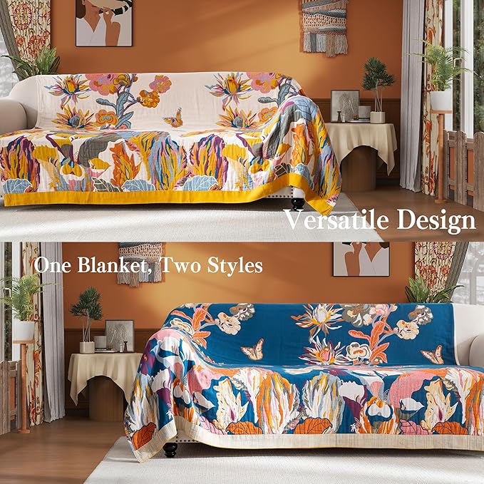Boho Throw Blanket Full Size, Extra Large Soft Cozy Cotton Muslin Quilt Blanket for Bed Decor, Floral Patterned Couch Sofa Chair Cover, Vintage Farmhouse Cottage Woven Blanket, Yellow&Blue