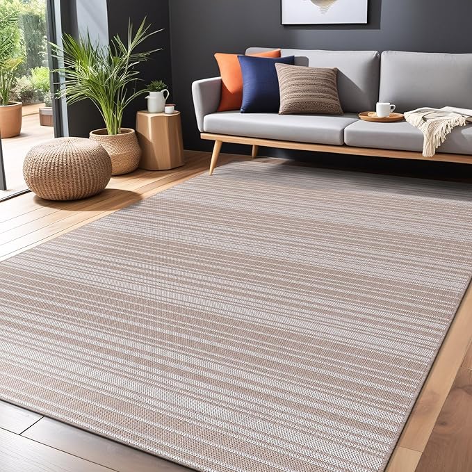 Stripe Outdoor Rug 9x12 Washable Outside Carpet for Indoor Patio Porch Waterproof Easy Cleaning Non Shedding Area Rugs Beige 9 x 12