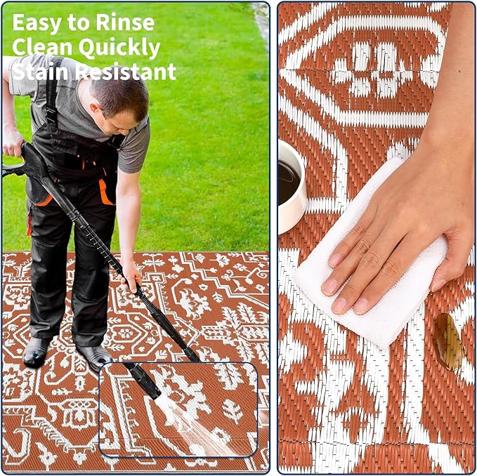 Outdoor Rug 8x10 Waterproof Reversible Plastic Straw Mat, UV-Resistant Vintage Medallion Camping Carpet for Patio, Deck, Balcony, Picnic, Large Outside Floor Mat, Vintage Terracotta Brick/White