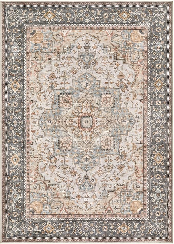 Washable Area Rugs for Living Room - 7x9 Neutral Vintage Distressed Floral Farmhouse Boho Large Soft Floor Rug Indoor Non Slip Carpet for Living Room Bedroom Dining Room Office - Forest Green Orange