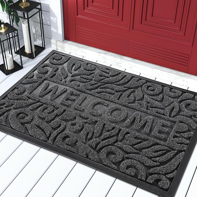 Yimobra Welcome Door Mat Outdoor Indoor, Non Slip Front Doormats, Heavy Duty Rubber Backing, Low-Profile Entrance Mat, Absorbent Resist Dirt, Easy Clean Patio Garage Floor Mats, 29.5 x 17, Grey