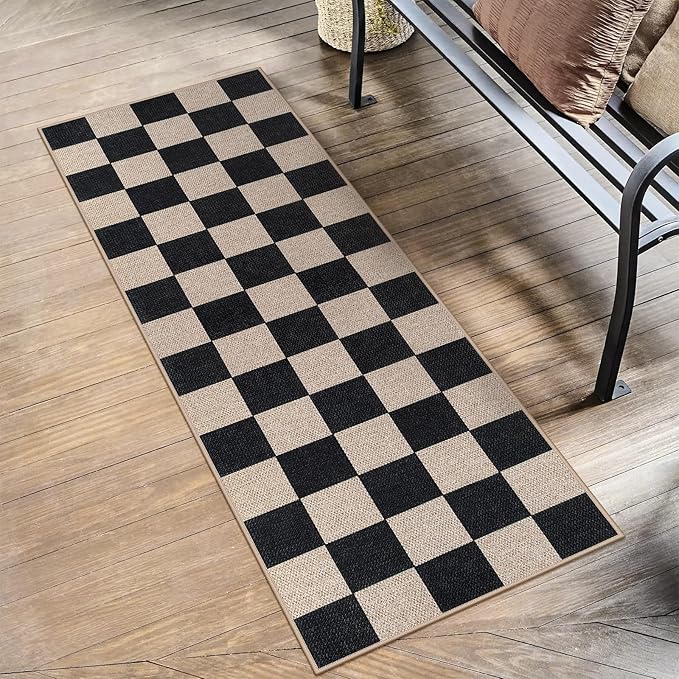 Lahome Checkered Easy Jute Runner Rug, 2x6 Kitchen Runner Rug Non Slip Washable Outdoor Carpet for Entryway Indoor, Checkerboard Black Indoor Outdoor Carpet Runners for Hallway 6ft Entry