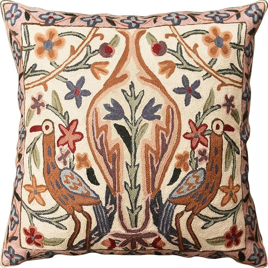 Tree of Life Pillow Cover - Crane Cream Floral Outdoor Pillows | Suzani Cushions | Modern Floral Cushion Hand Embroidered Shams Wool Size - 18x18