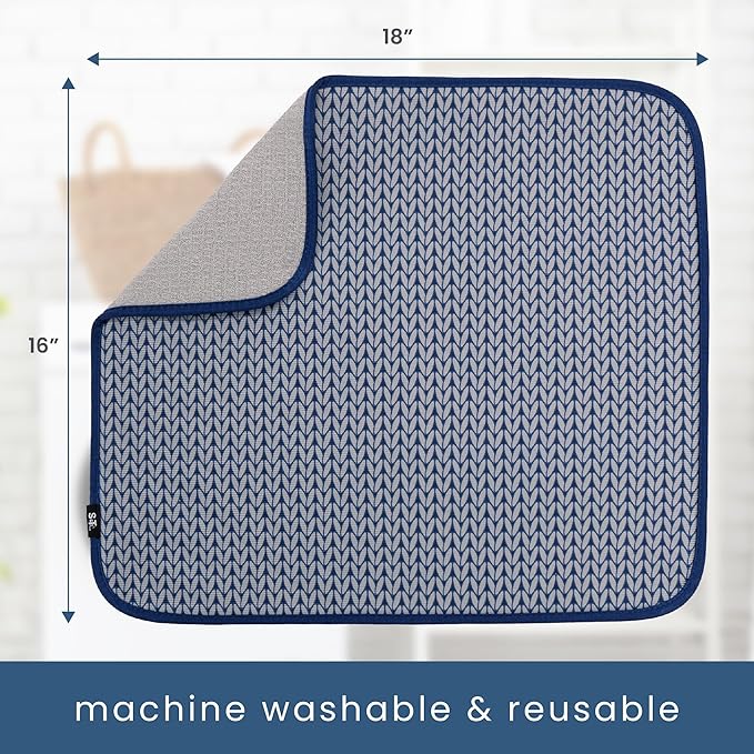 S&T INC. Dish Drying Mat, 16” x 18”, Absorbent Microfiber Kitchen Counter Mat, Dish Drying Pad for Dishes, Utensils, Pots and Pans, Large, Blue Stockinette