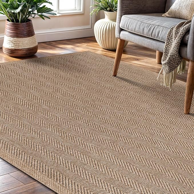 CAMILSON Easy Jute Rug 4x6, Indoor Outdoor Natural Color Fiber Area Rugs for Living Room Patio and Kitchen Rug Herringbone Seagrass Woven Design Easy-Cleaning Washable Outside Carpet Alfombras 4 x 6
