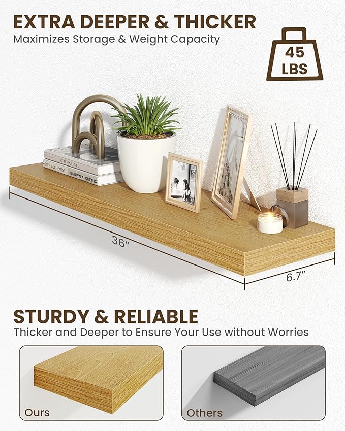 Marsmiles 36" Floating Shelves for Wall, Wooden Shelves with Invisible Brackets Set of 2, Rustic Farmhouse Wall Mounted Shelf for Kitchen Bathroom Living Room Study, Natural Oak
