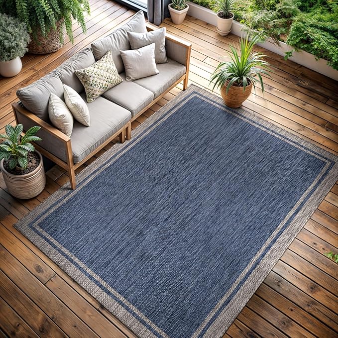 CAMILSON Indoor Outdoor Rug, 10x14 Bordered Navy Blue Gray Modern Large Area Rugs for Indoor and Outdoor Patios, Porches Waterproof Washable Porch Deck Outside Carpet (Bordered Navy, 10 x 14)