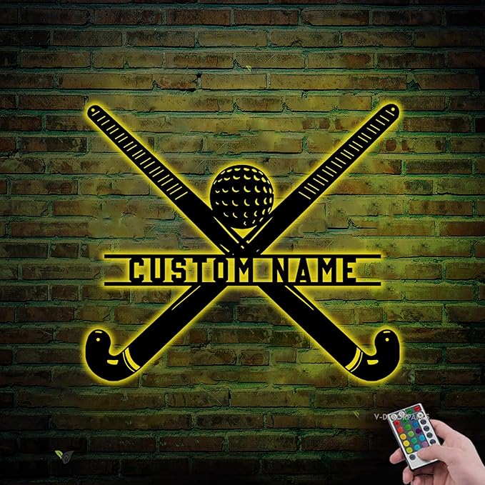 Custom Hockey LED Wall Sign - Hockey Metal Wall Art with Helmet & Sticks, 16-Color LED with Remote Control, Hockey Decor for Boys Room, Players, Fans, Coaches, Man Cave, Sports Lovers