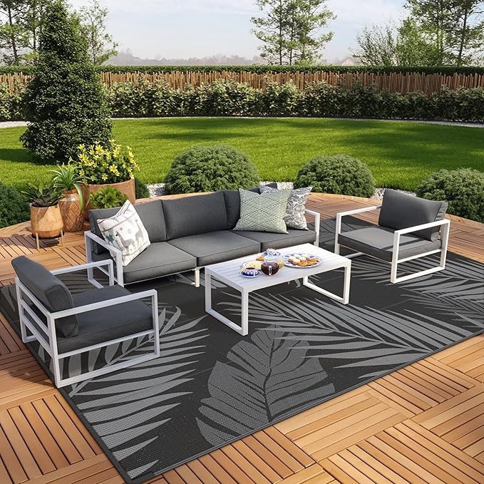 GENIMO Outdoor Rug 10' x 14' Waterproof for Patios Clearance, Reversible Outdoor Plastic Straw Camping Rug Carpet, Large Area Rugs Mats for RV, Camper, Deck, Balcony, Porch, Beach, Picnic, Black&Grey