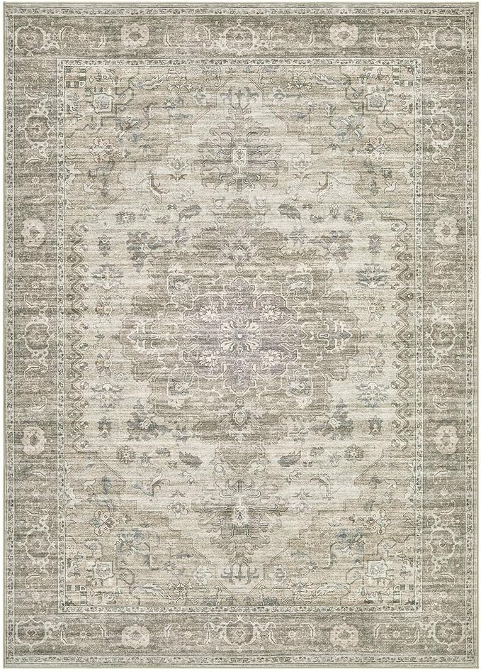 Washable Area Rugs for Living Room -10x14 Neutral Vintage Distressed Floral Farmhouse Boho Large Soft Floor Rug Indoor Non Slip Carpet for Living Room Bedroom Dining Room Office -Brown/Tan