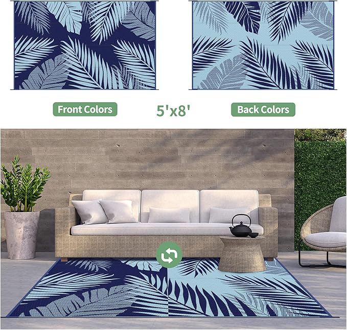 GENIMO Outdoor Rug 5' x 8' Waterproof for Patios Clearance, Reversible Outdoor Plastic Straw Camping Rug Carpet, Large Area Rugs Mats for RV, Camper, Deck, Balcony, Porch, Beach, Navy Blue&Baby Blue